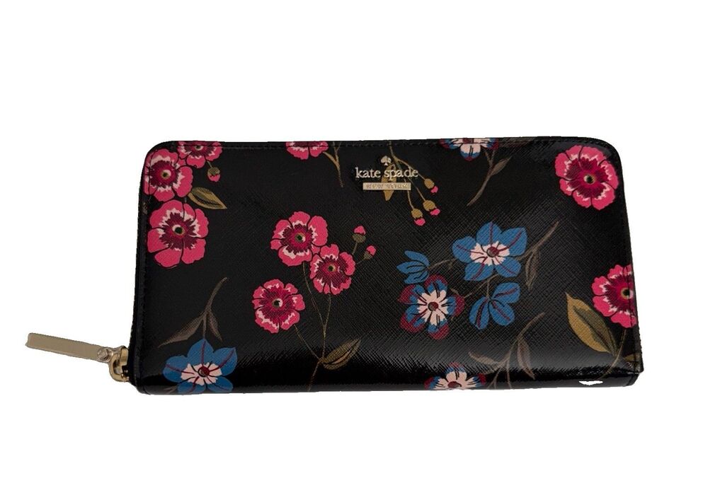 Kate Spade Floral Leather Wallet Black Multi Cameron Street Meadow Lacey